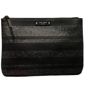 Kate Spade New York Black Glitter Stripe Clutch Pouch Bag Evening Party